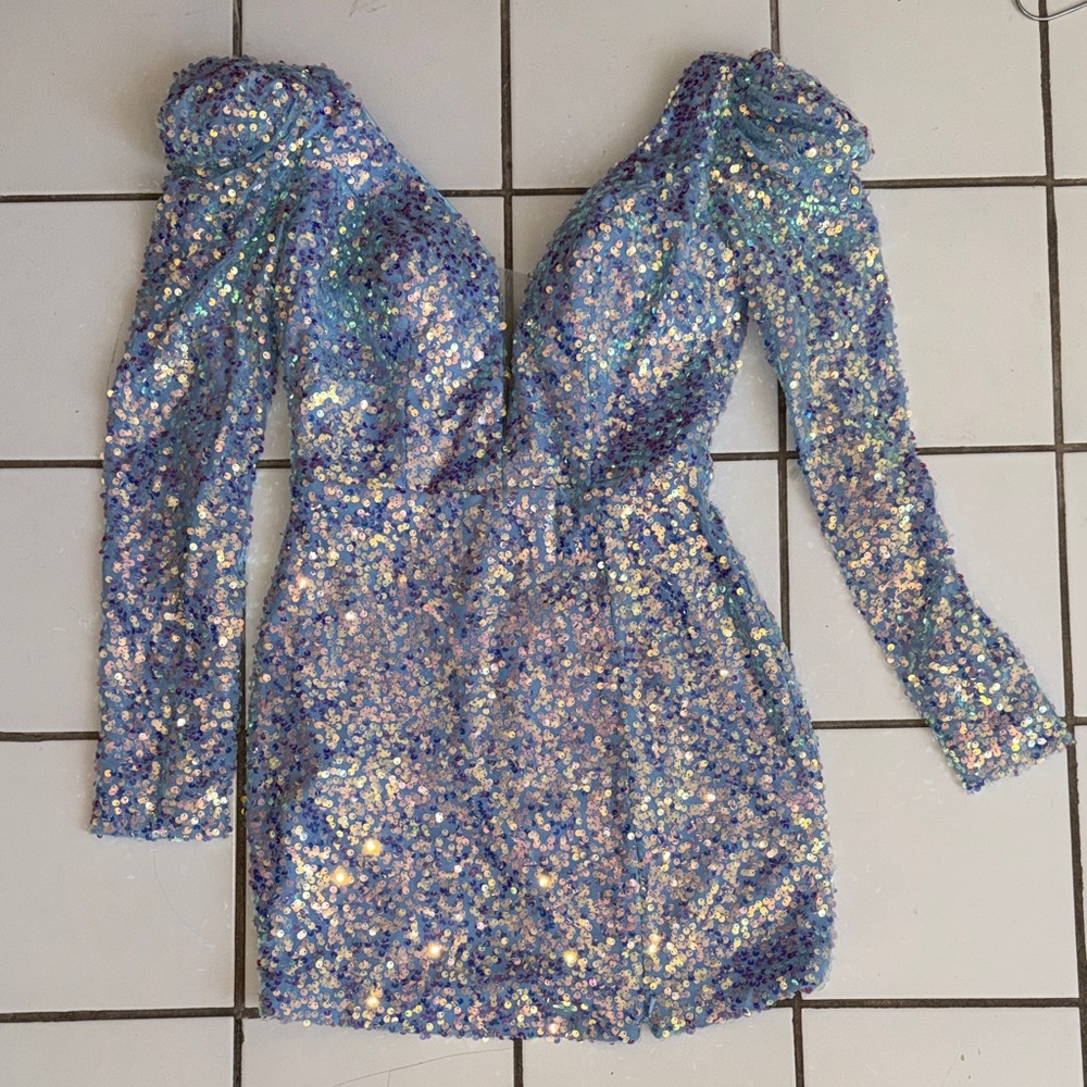 Alyce Paris Blue and Silver Sequin backless mini Dress